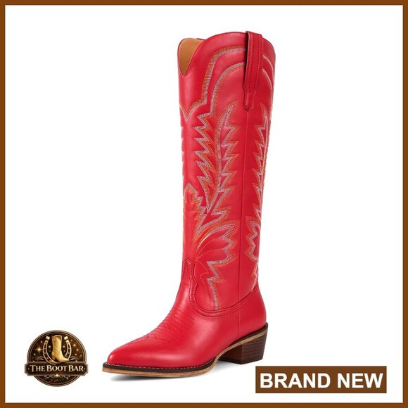 Shoes - Knee High Cowgirl Boots with Embroidered Pointed Toe Chunky Heel Pull On